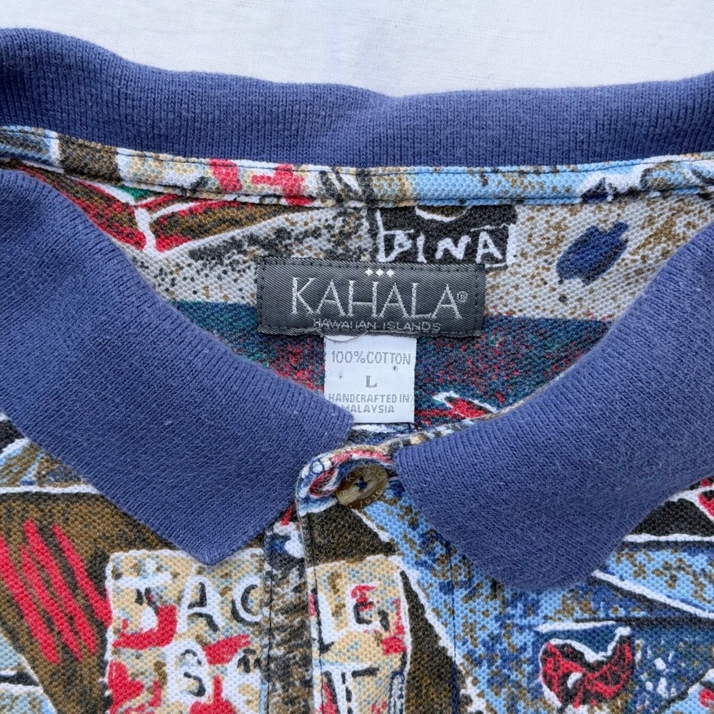 Vintage 90s Kahala Hawaiian Polo Shirt Mens Large Blue Marlin Cafe AOP - Picture 3 of 6